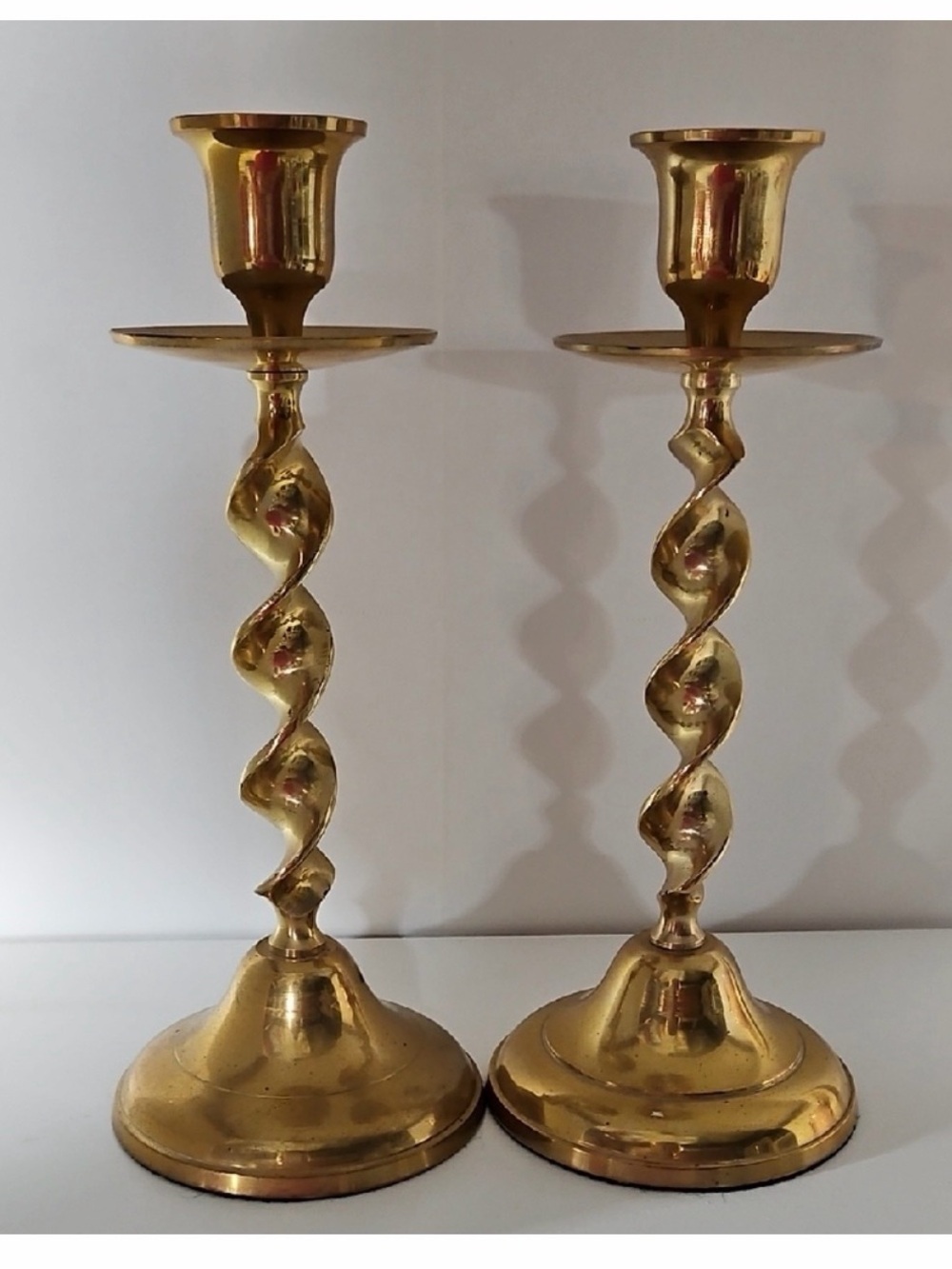 Gold Spiral Brass Candlestick Holders - Pair